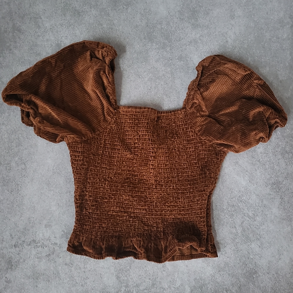 Corduroy Short Puff Sleeve Smocked Crop Top Blouse